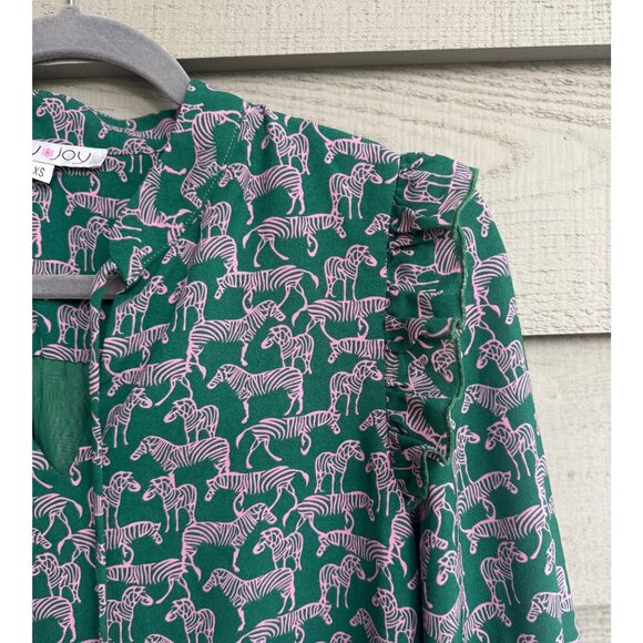 Joy Joy Blouse XS--Green & Pink Zebra Print Peplum Ruffle Long Sleeve Top - Picture 5 of 7